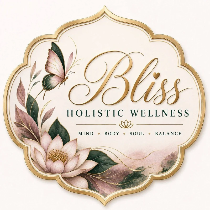 Bliss Holistic Wellness logo framed by gold, lotus flowers and a butterfly